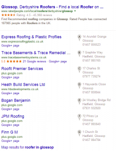 Google search for "roofer in glossop" displaying "7 Pack" of local listings