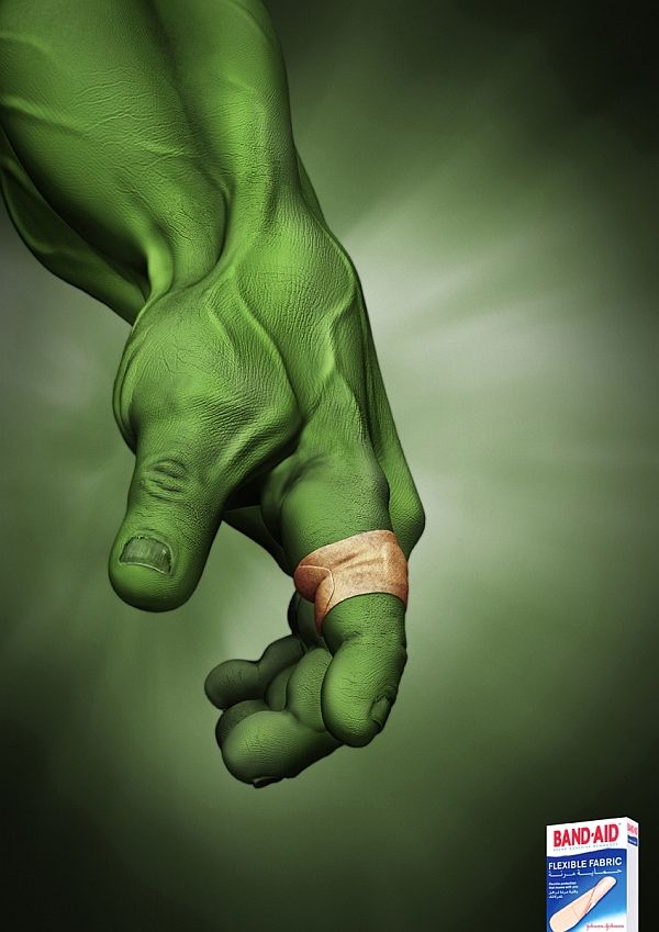 Bandaid advert using the hulk with a plaster